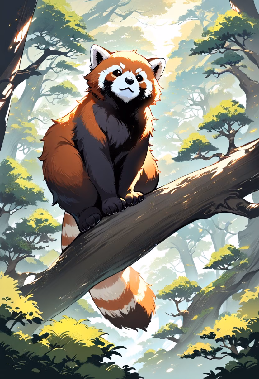 Curious Red Panda — view 5 — red panda sitting on tree branch, lush forest, soft sunlight, fluffy tail, curious expression, wildlife, detailed fur, p
