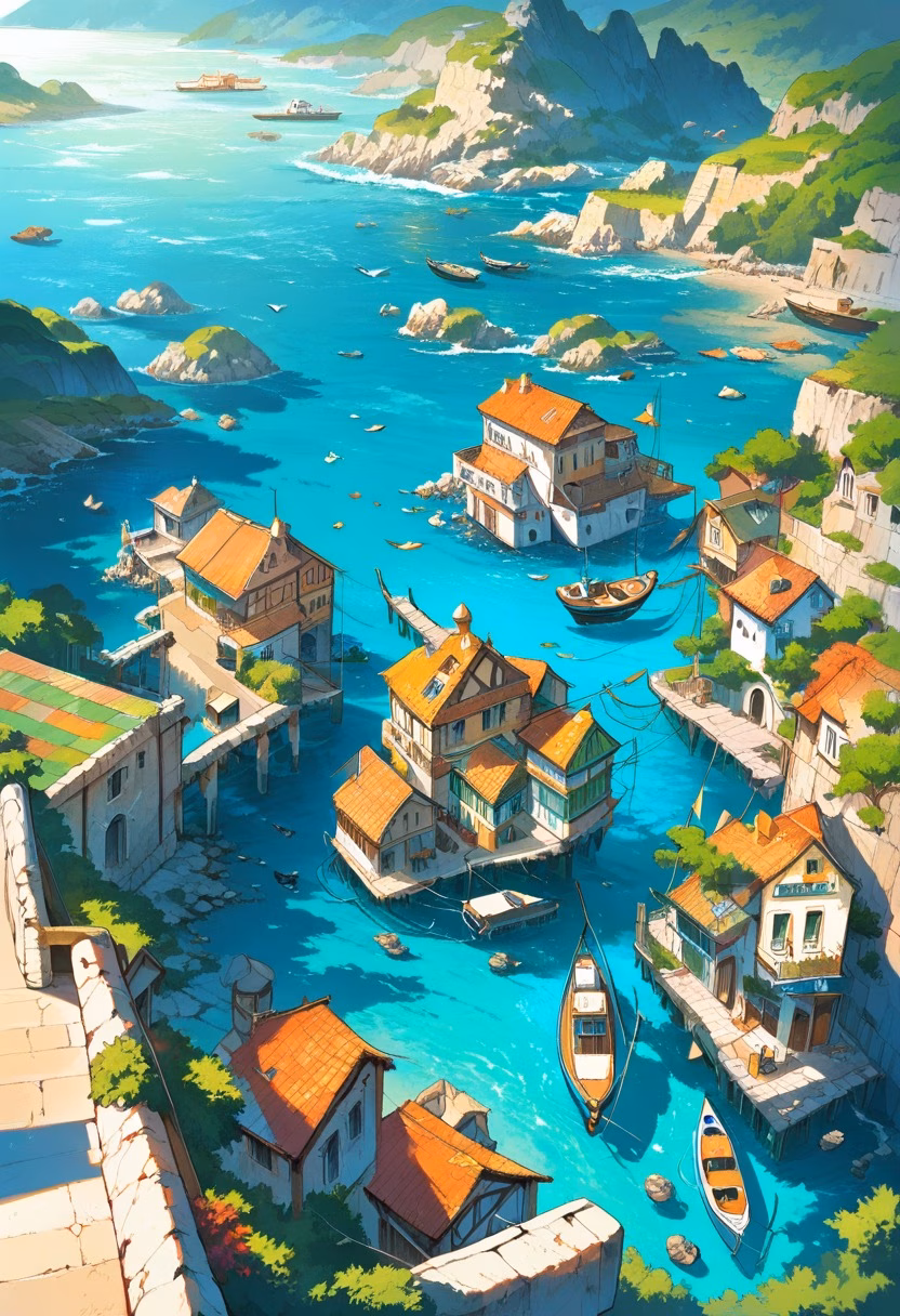 Mediterranean Seaside Village — view 1 — seaside village, colorful houses, rocky coastline, calm blue sea, fishing boats, sunny afternoon, Mediterranean atmosphe