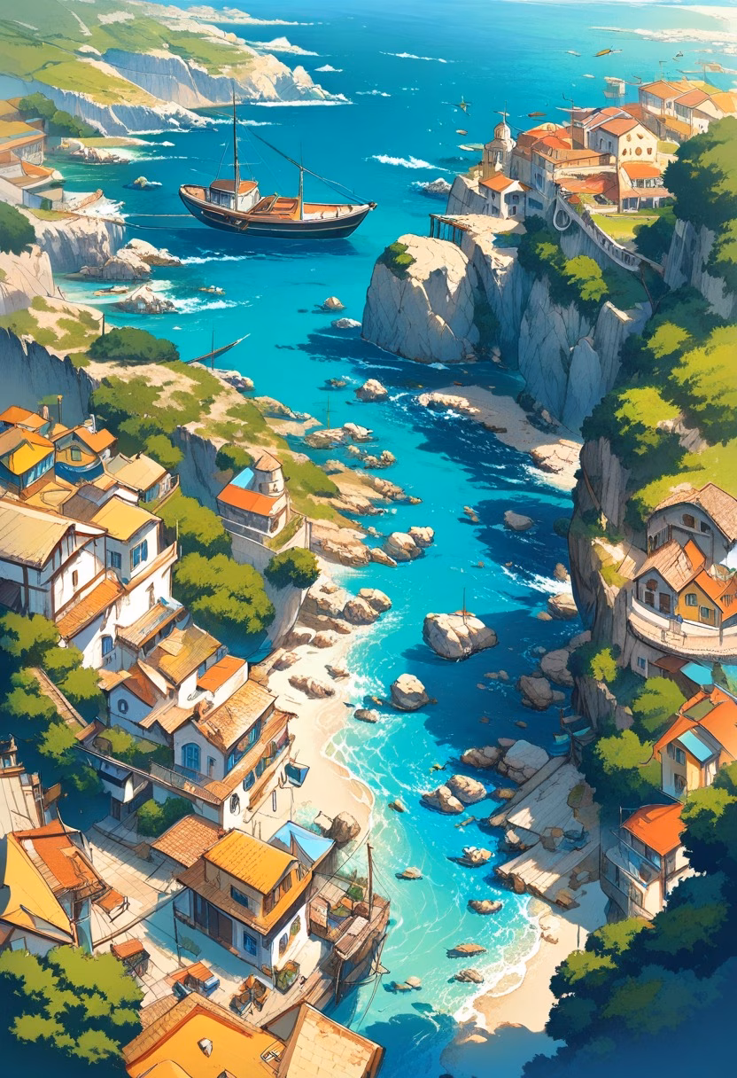 Mediterranean Seaside Village — view 2 — seaside village, colorful houses, rocky coastline, calm blue sea, fishing boats, sunny afternoon, Mediterranean atmosphe