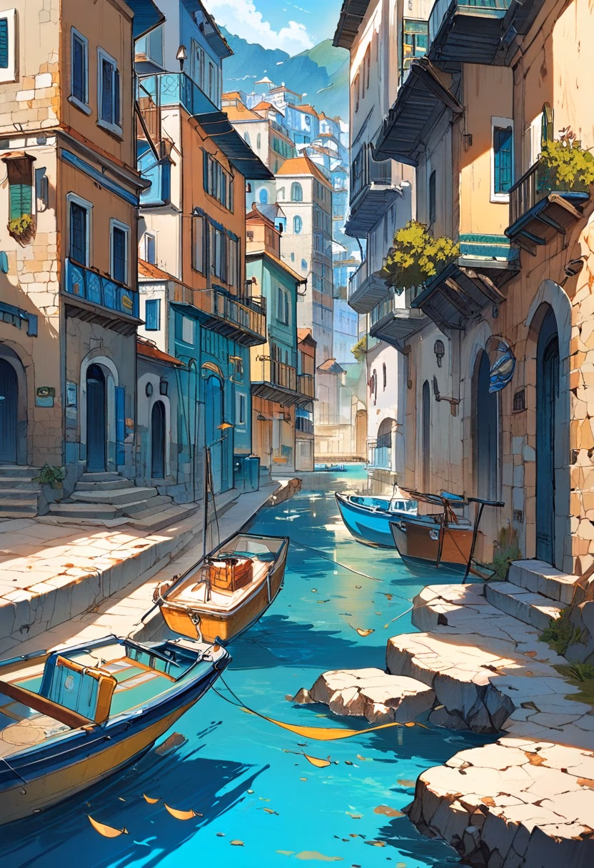 Mediterranean Seaside Village — view 3 — seaside village, colorful houses, rocky coastline, calm blue sea, fishing boats, sunny afternoon, Mediterranean atmosphe