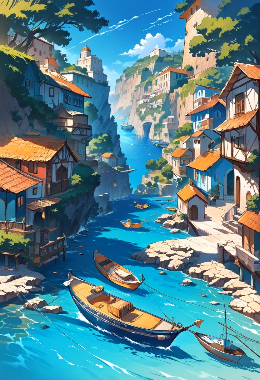 Mediterranean Seaside Village — view 4 — seaside village, colorful houses, rocky coastline, calm blue sea, fishing boats, sunny afternoon, Mediterranean atmosphe