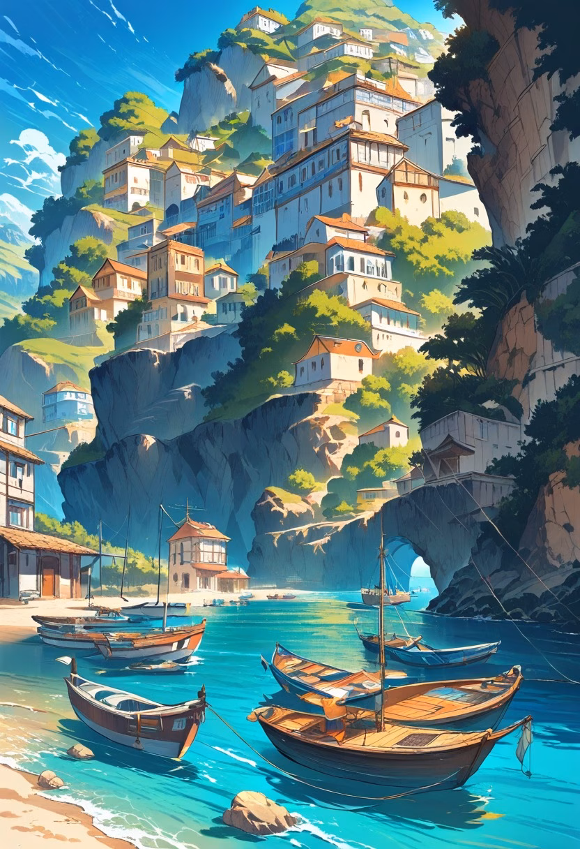 Mediterranean Seaside Village — view 5 — seaside village, colorful houses, rocky coastline, calm blue sea, fishing boats, sunny afternoon, Mediterranean atmosphe