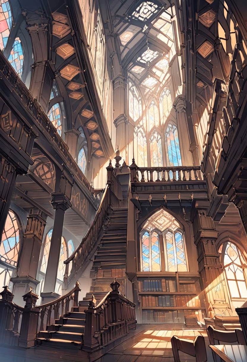 Grand Ancient Library — view 1 — ancient library hall, towering bookshelves, ornate wooden staircase, stained glass windows, warm sunlight, scholarly atm