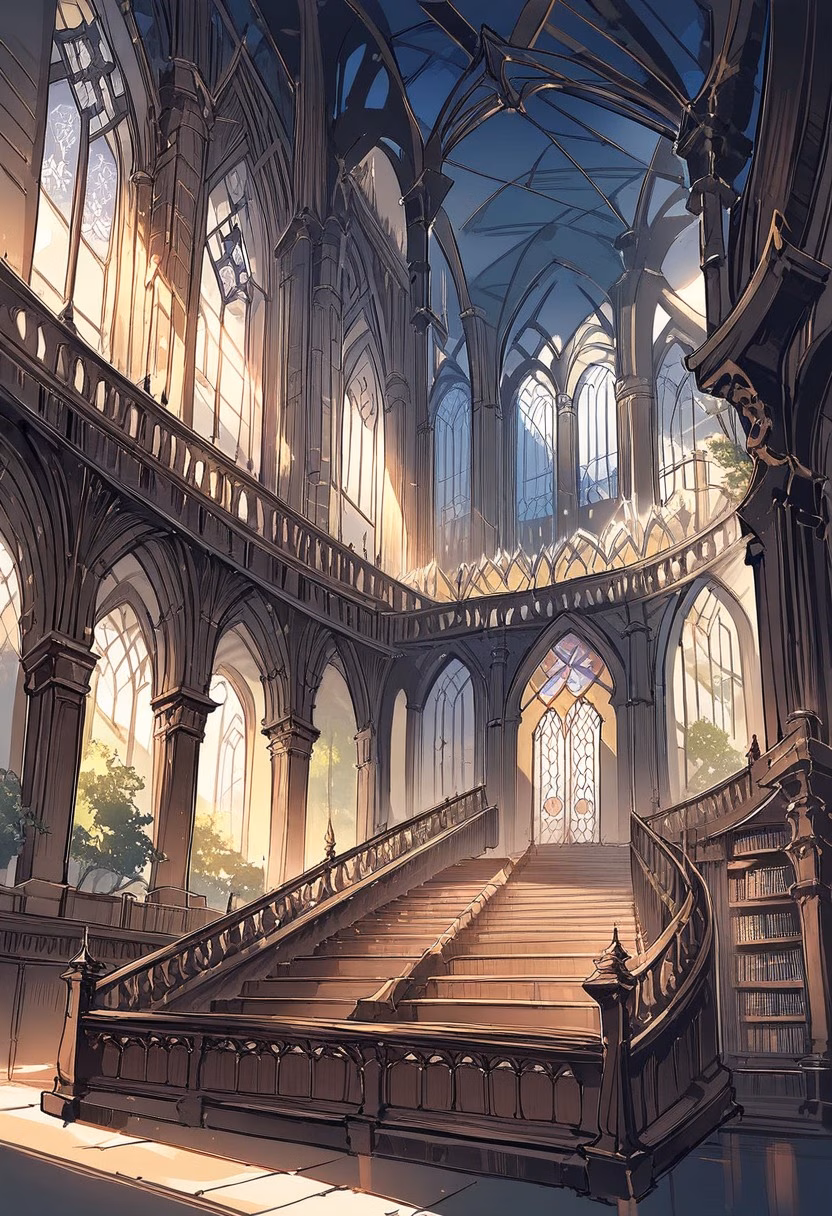 Grand Ancient Library — view 2 — ancient library hall, towering bookshelves, ornate wooden staircase, stained glass windows, warm sunlight, scholarly atm