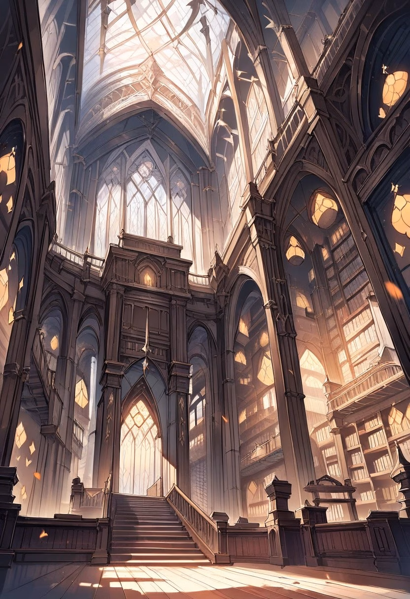 Grand Ancient Library — view 3 — ancient library hall, towering bookshelves, ornate wooden staircase, stained glass windows, warm sunlight, scholarly atm