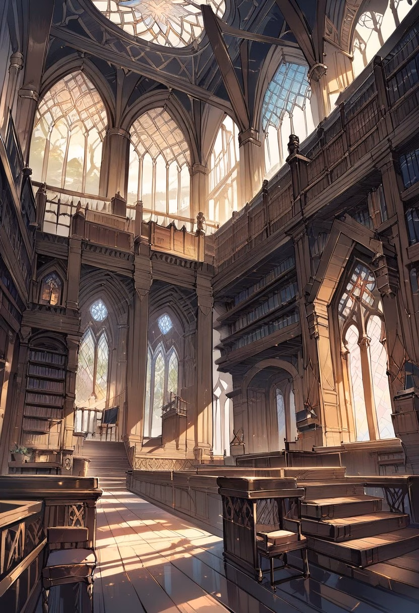 Grand Ancient Library — view 4 — ancient library hall, towering bookshelves, ornate wooden staircase, stained glass windows, warm sunlight, scholarly atm
