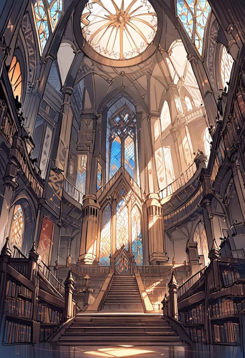 Grand Ancient Library — view 5 — ancient library hall, towering bookshelves, ornate wooden staircase, stained glass windows, warm sunlight, scholarly atm
