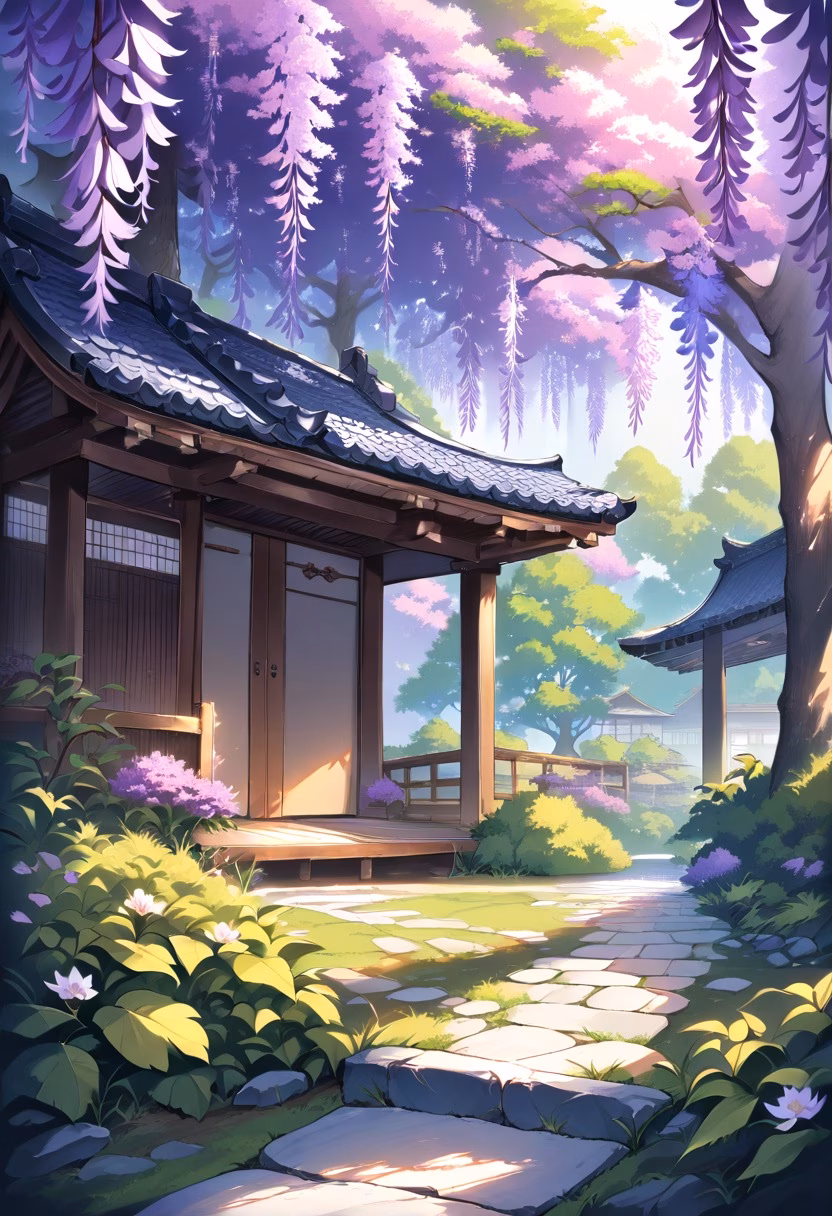 Wisteria Garden Path — view 1 — purple wisteria garden, hanging blossoms, stone pathway, wooden pavilion, spring sunlight, peaceful Japanese garden, del
