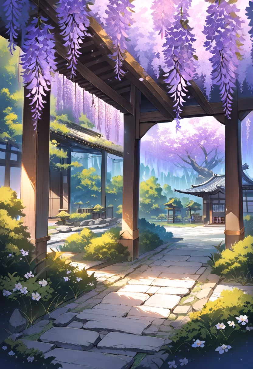 Wisteria Garden Path — view 2 — purple wisteria garden, hanging blossoms, stone pathway, wooden pavilion, spring sunlight, peaceful Japanese garden, del