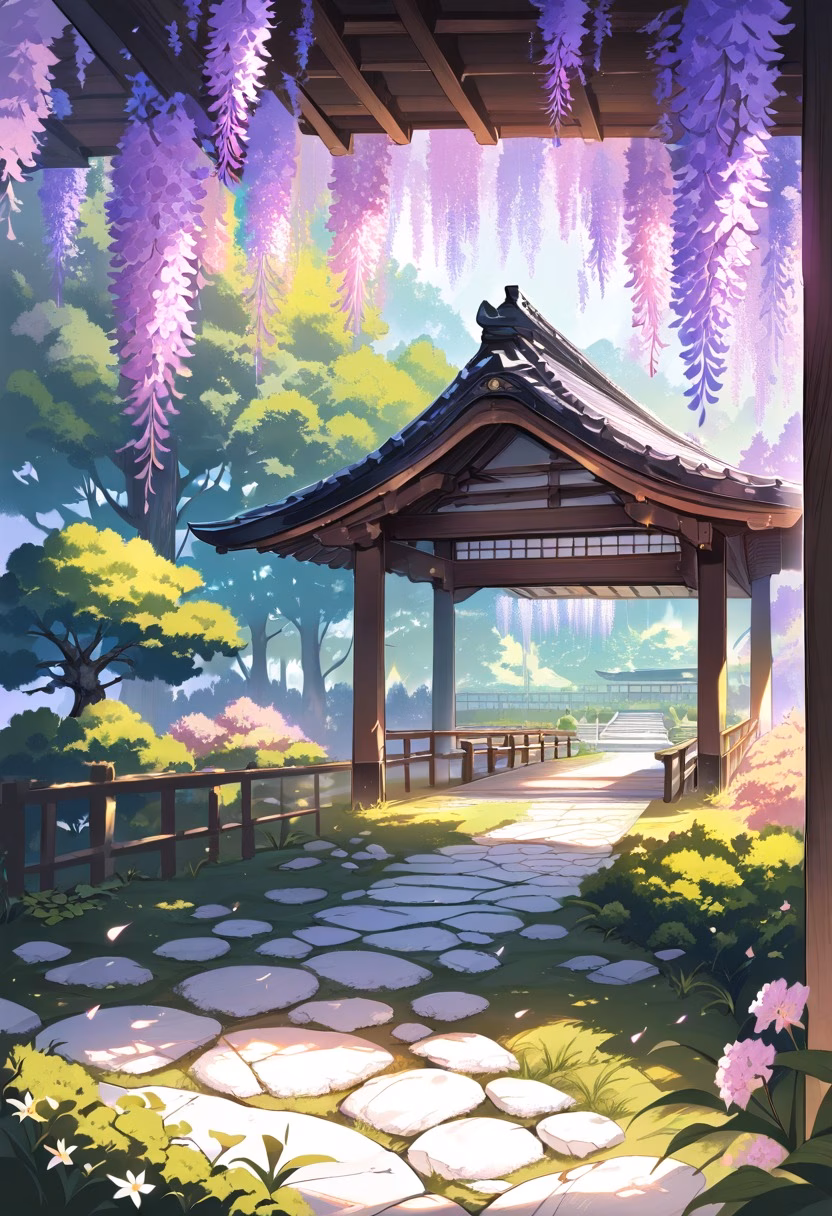 Wisteria Garden Path — view 3 — purple wisteria garden, hanging blossoms, stone pathway, wooden pavilion, spring sunlight, peaceful Japanese garden, del