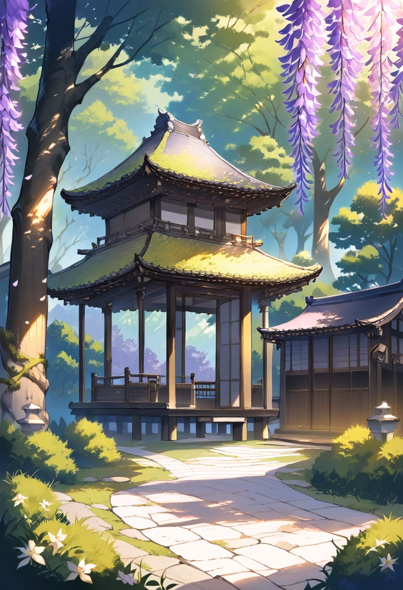 Wisteria Garden Path — view 4 — purple wisteria garden, hanging blossoms, stone pathway, wooden pavilion, spring sunlight, peaceful Japanese garden, del