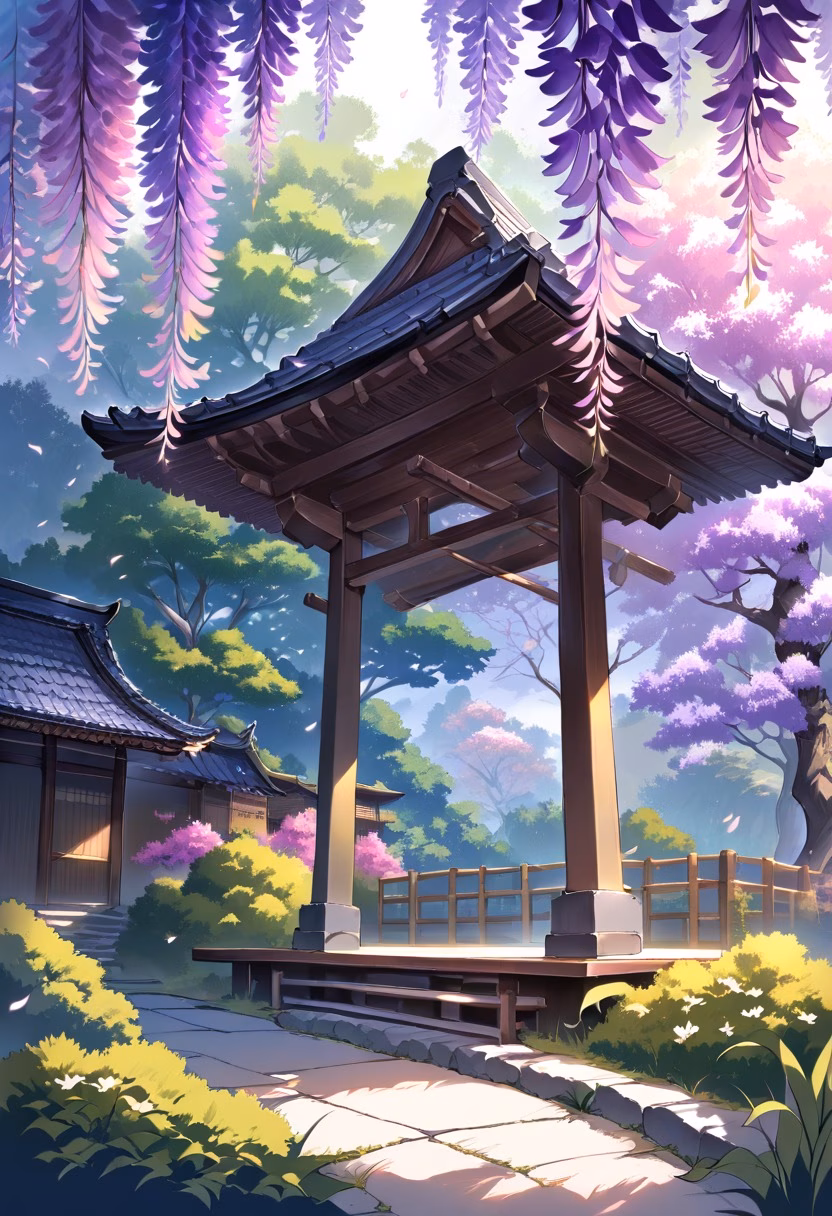 Wisteria Garden Path — view 5 — purple wisteria garden, hanging blossoms, stone pathway, wooden pavilion, spring sunlight, peaceful Japanese garden, del